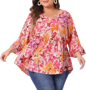 Agnes Orinda Plus Size Floral Blouses for Women V Neck Ruffle 3/4 Sleeve Babydoll Peplum Tops