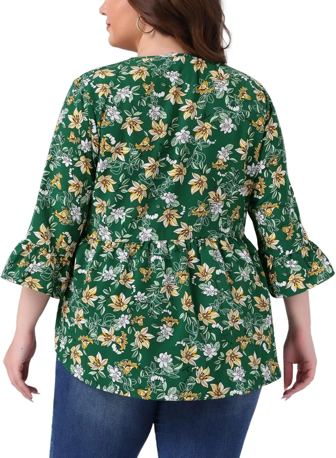 Agnes Orinda Plus Size Floral Blouses for Women V Neck Ruffle 3/4 Sleeve Babydoll Peplum Tops