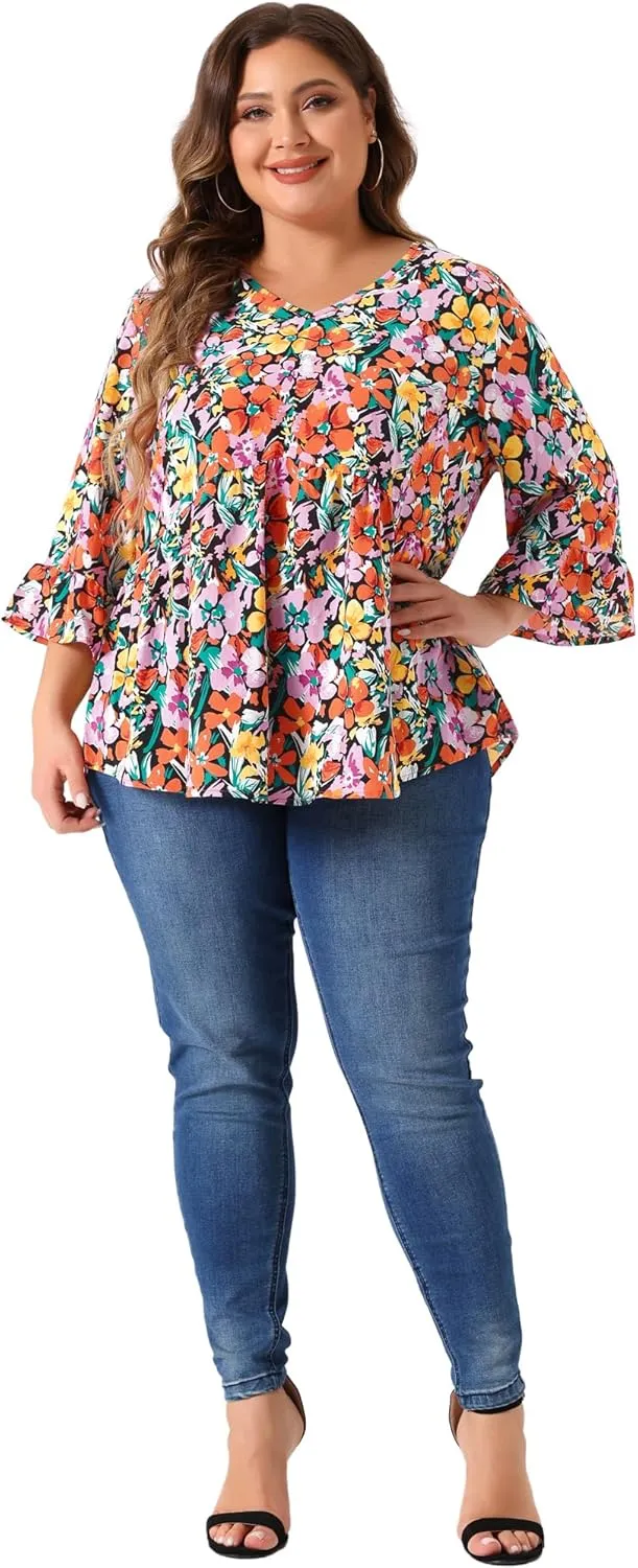 Agnes Orinda Plus Size Floral Blouses for Women V Neck Ruffle 3/4 Sleeve Babydoll Peplum Tops