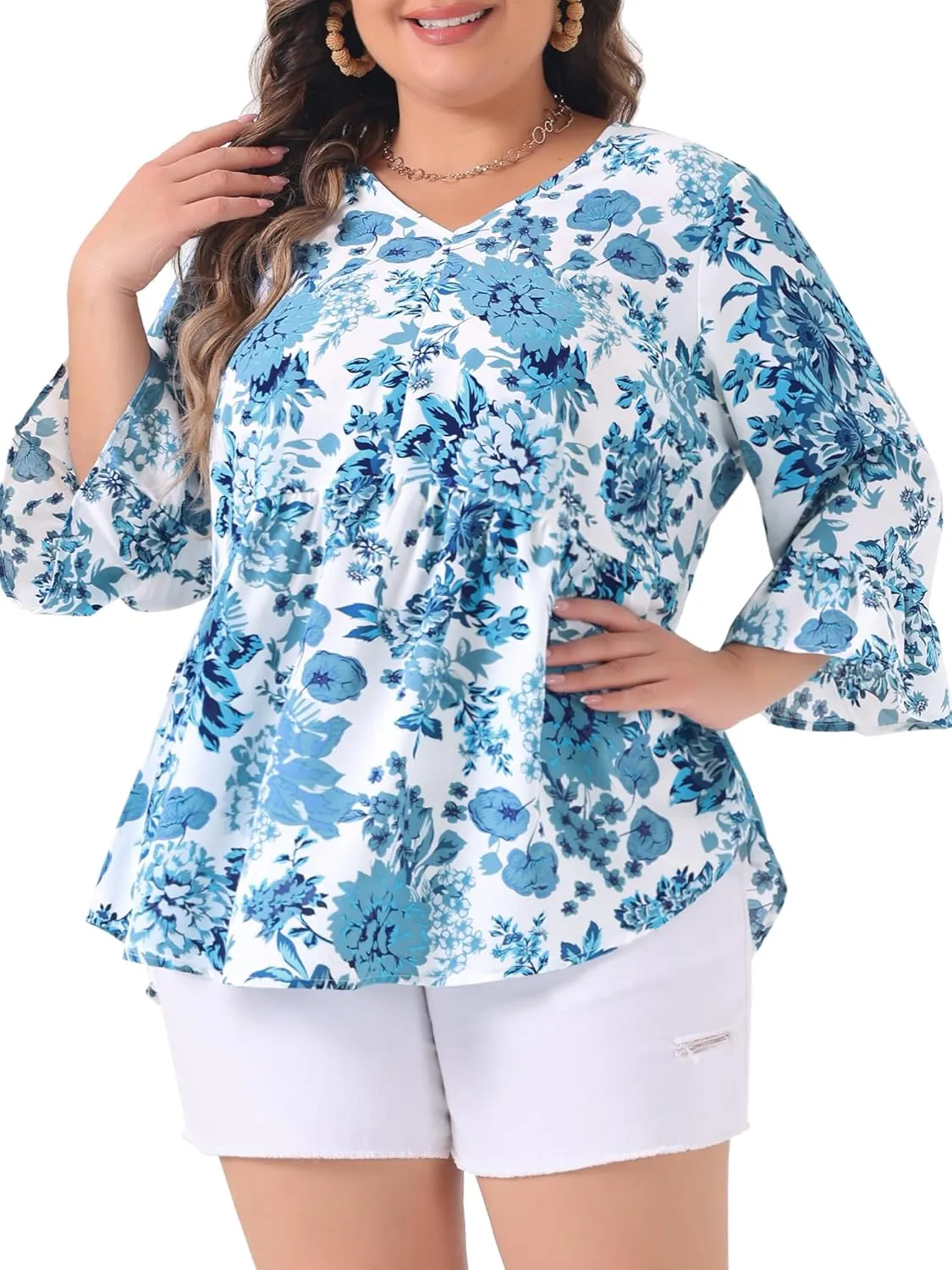 Agnes Orinda Plus Size Floral Blouses for Women V Neck Ruffle 3/4 Sleeve Babydoll Peplum Tops