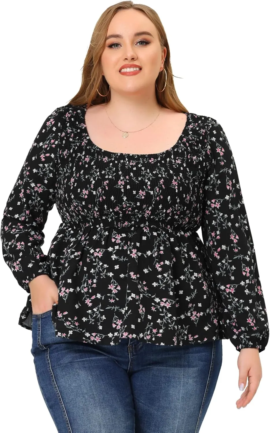 Agnes Orinda Plus Size Floral Tops for Women Square Neck Smock Waist Peplum Top