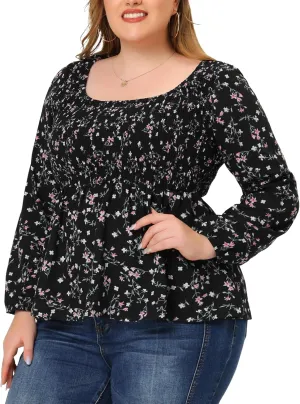 Agnes Orinda Plus Size Floral Tops for Women Square Neck Smock Waist Peplum Top