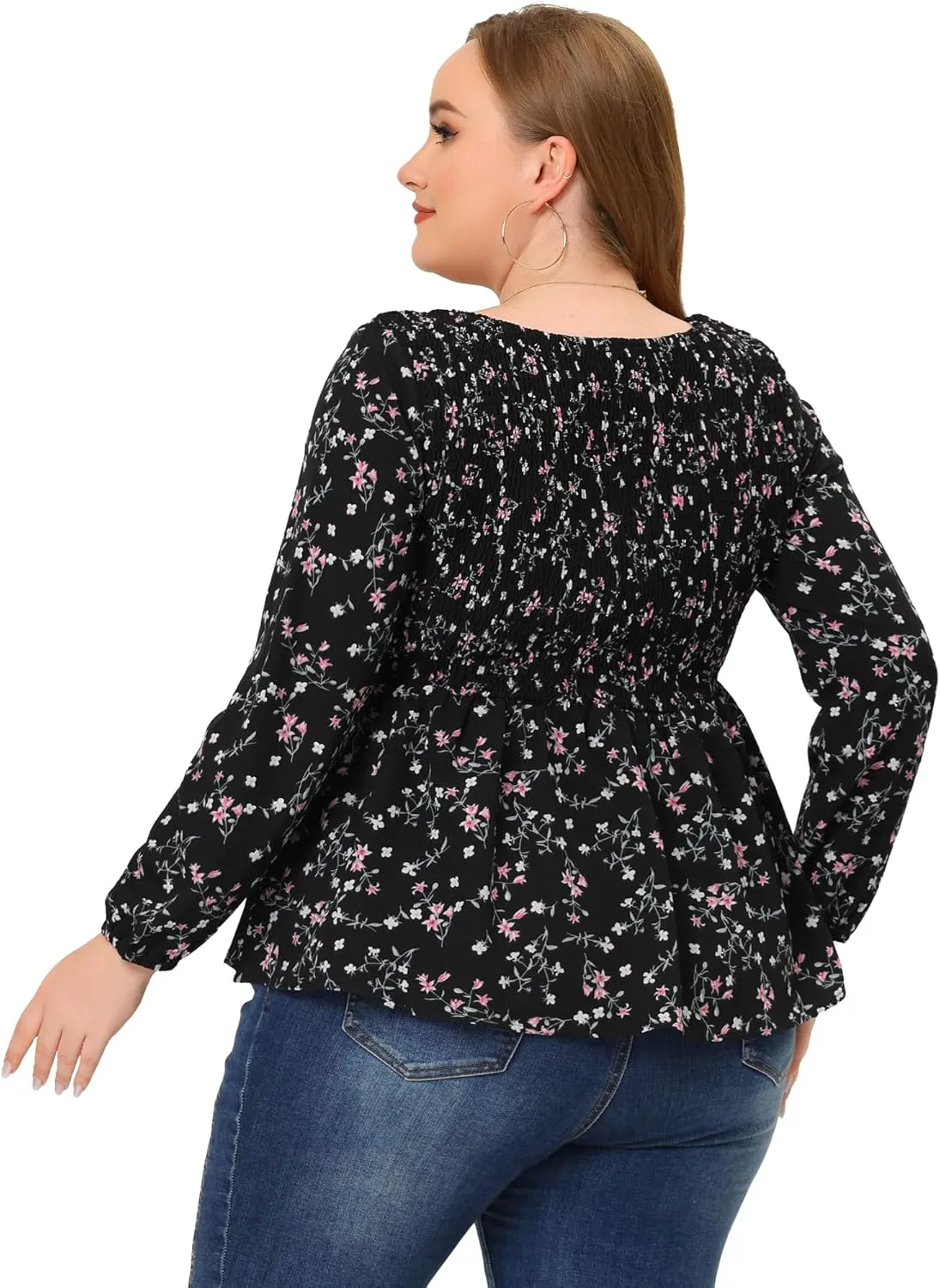 Agnes Orinda Plus Size Floral Tops for Women Square Neck Smock Waist Peplum Top