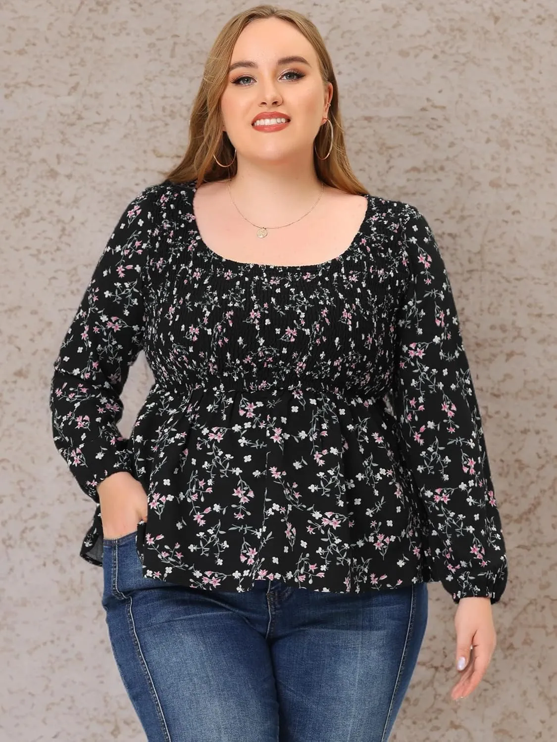 Agnes Orinda Plus Size Floral Tops for Women Square Neck Smock Waist Peplum Top