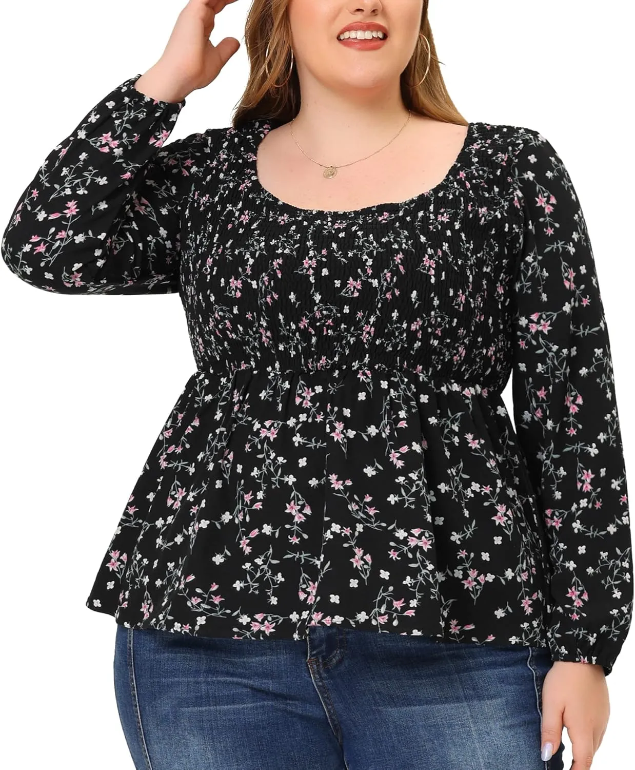 Agnes Orinda Plus Size Floral Tops for Women Square Neck Smock Waist Peplum Top