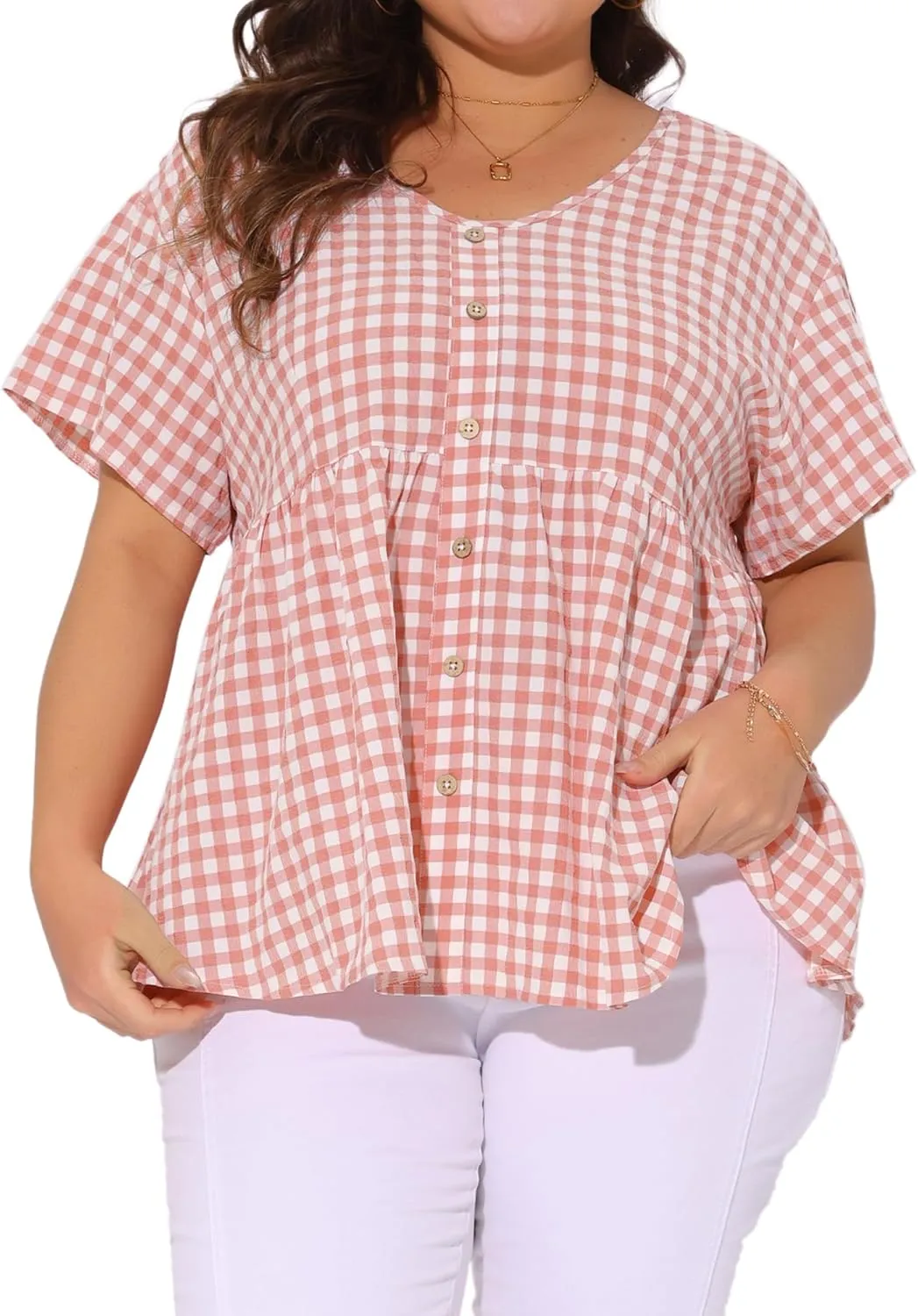 Agnes Orinda Plus Size Gingham Tops for Women 1950s Plaid Short Sleeve V Neck Summer Babydoll Peplum Top Blouse