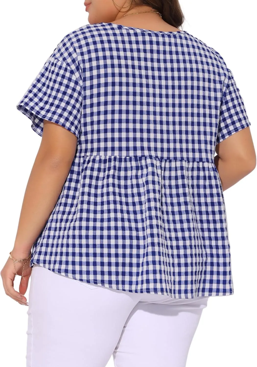 Agnes Orinda Plus Size Gingham Tops for Women 1950s Plaid Short Sleeve V Neck Summer Babydoll Peplum Top Blouse