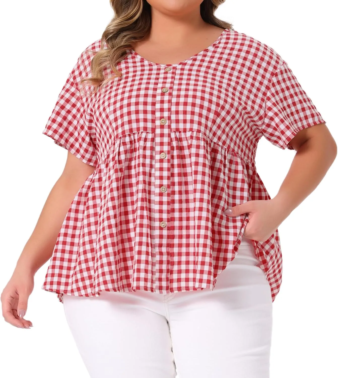Agnes Orinda Plus Size Gingham Tops for Women 1950s Plaid Short Sleeve V Neck Summer Babydoll Peplum Top Blouse