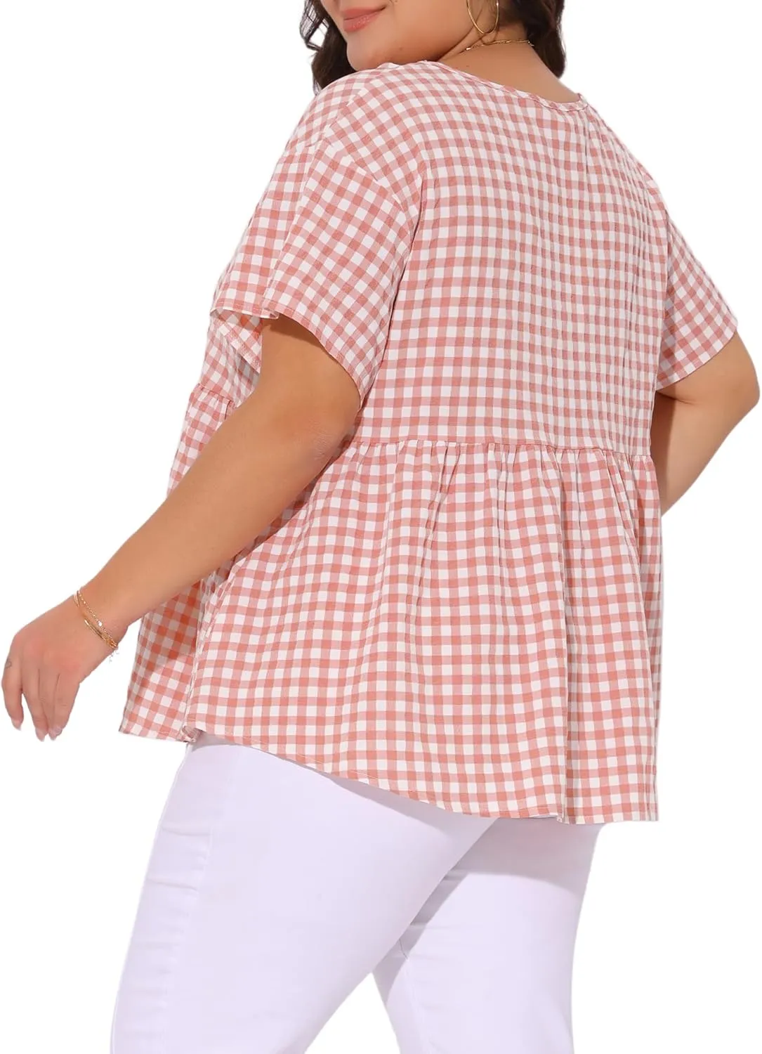Agnes Orinda Plus Size Gingham Tops for Women 1950s Plaid Short Sleeve V Neck Summer Babydoll Peplum Top Blouse