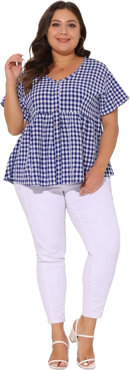 Agnes Orinda Plus Size Gingham Tops for Women 1950s Plaid Short Sleeve V Neck Summer Babydoll Peplum Top Blouse
