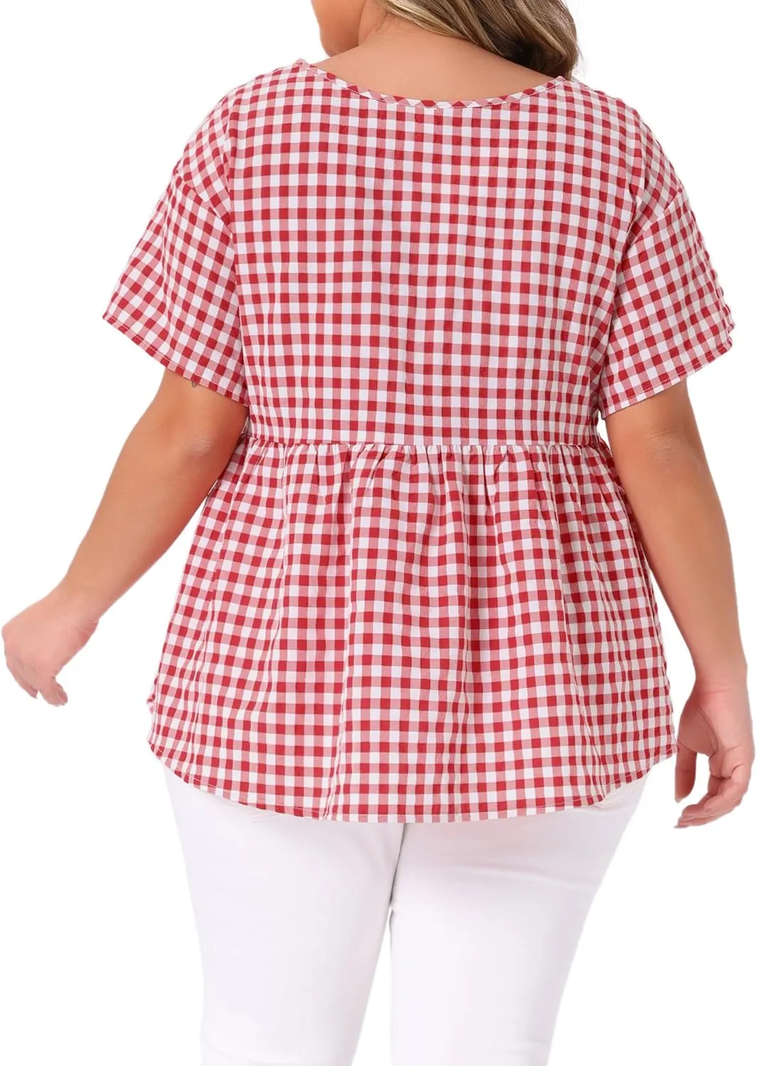 Agnes Orinda Plus Size Gingham Tops for Women 1950s Plaid Short Sleeve V Neck Summer Babydoll Peplum Top Blouse