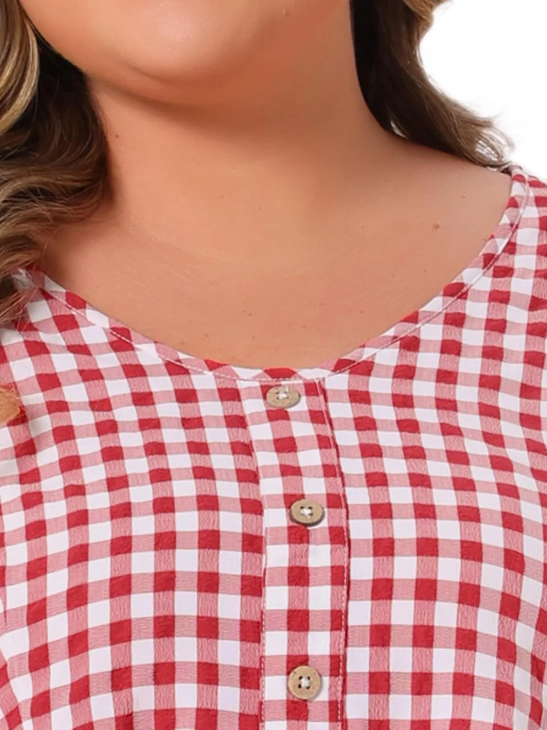 Agnes Orinda Plus Size Gingham Tops for Women 1950s Plaid Short Sleeve V Neck Summer Babydoll Peplum Top Blouse