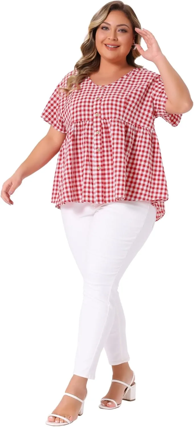 Agnes Orinda Plus Size Gingham Tops for Women 1950s Plaid Short Sleeve V Neck Summer Babydoll Peplum Top Blouse