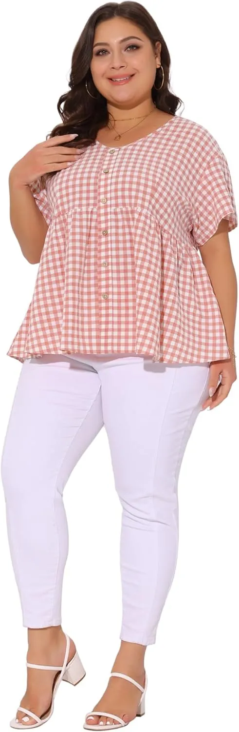 Agnes Orinda Plus Size Gingham Tops for Women 1950s Plaid Short Sleeve V Neck Summer Babydoll Peplum Top Blouse