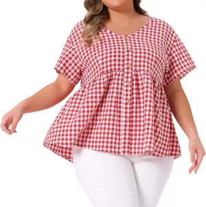 Agnes Orinda Plus Size Gingham Tops for Women 1950s Plaid Short Sleeve V Neck Summer Babydoll Peplum Top Blouse