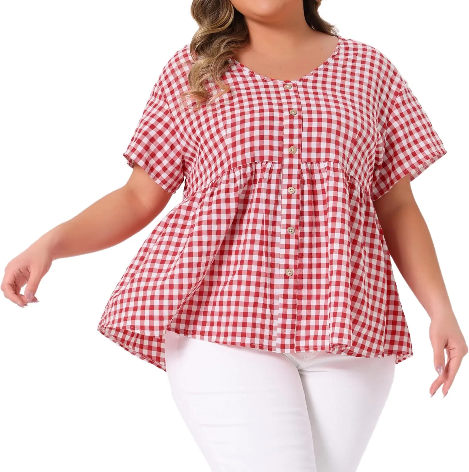 Agnes Orinda Plus Size Gingham Tops for Women 1950s Plaid Short Sleeve V Neck Summer Babydoll Peplum Top Blouse