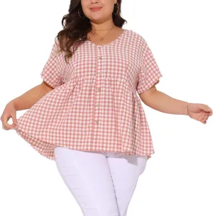 Agnes Orinda Plus Size Gingham Tops for Women 1950s Plaid Short Sleeve V Neck Summer Babydoll Peplum Top Blouse