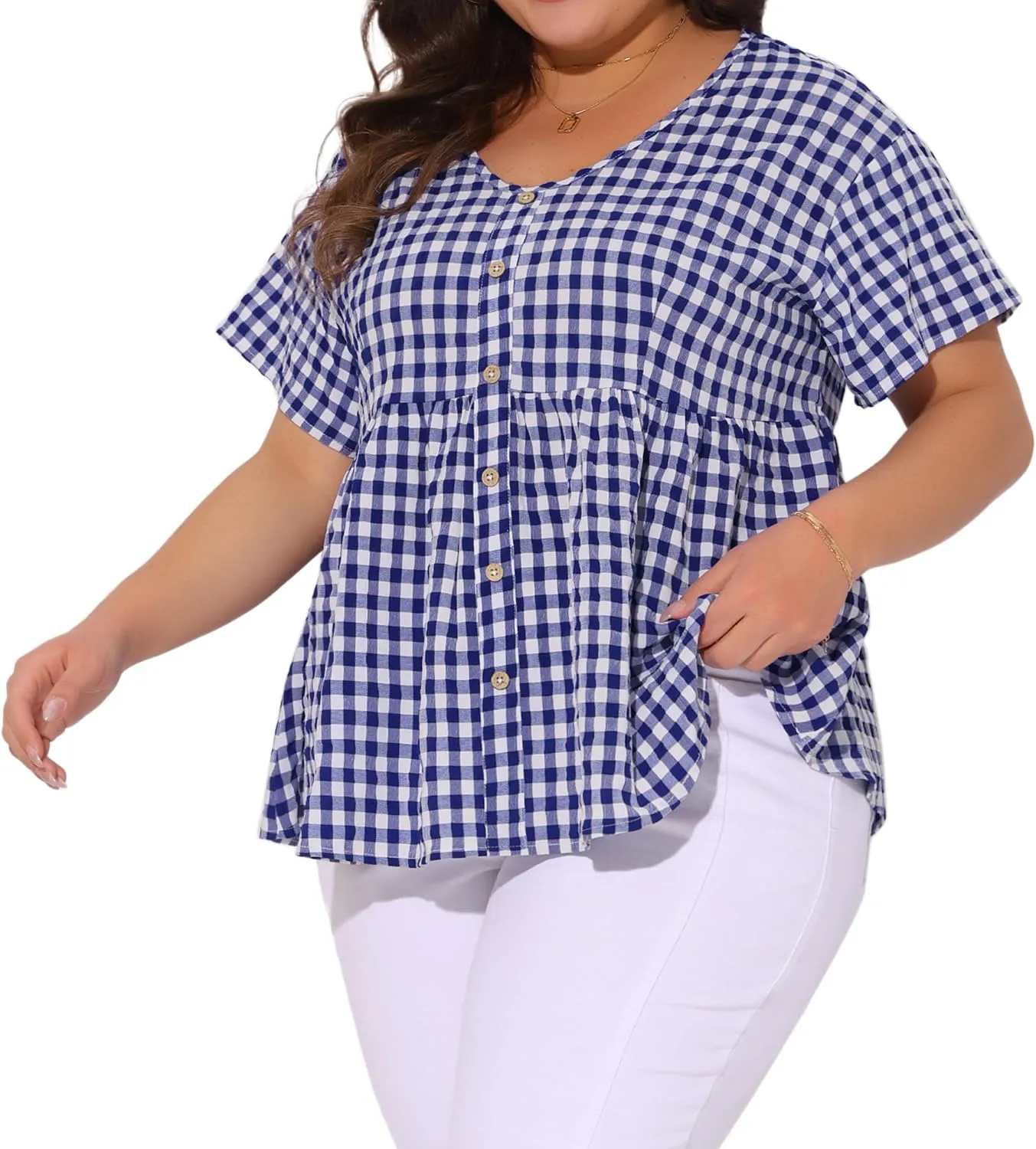 Agnes Orinda Plus Size Gingham Tops for Women 1950s Plaid Short Sleeve V Neck Summer Babydoll Peplum Top Blouse