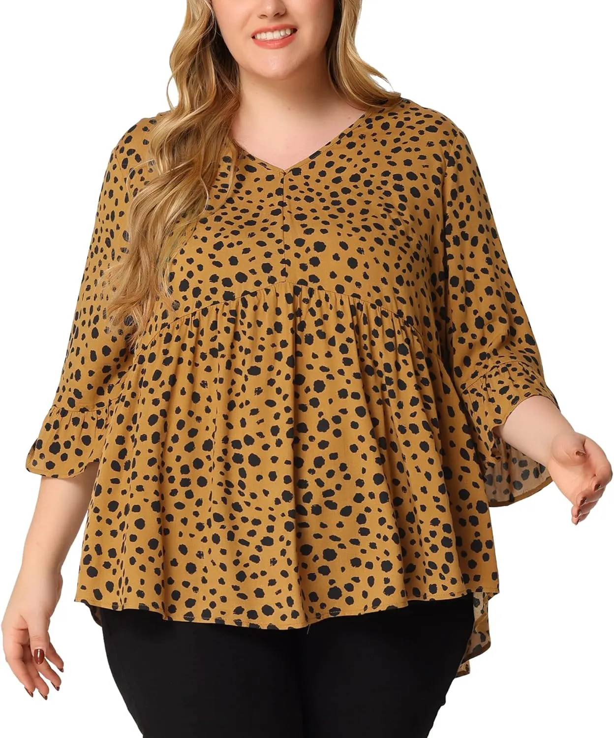 Agnes Orinda Plus Size Polka Dots Blouses for Women V Neck 3/4 Ruffle Sleeve Peplum Tops