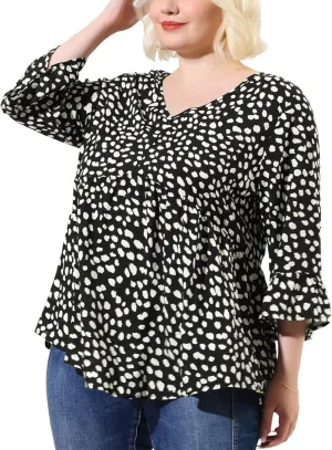 Agnes Orinda Plus Size Polka Dots Blouses for Women V Neck 3/4 Ruffle Sleeve Peplum Tops