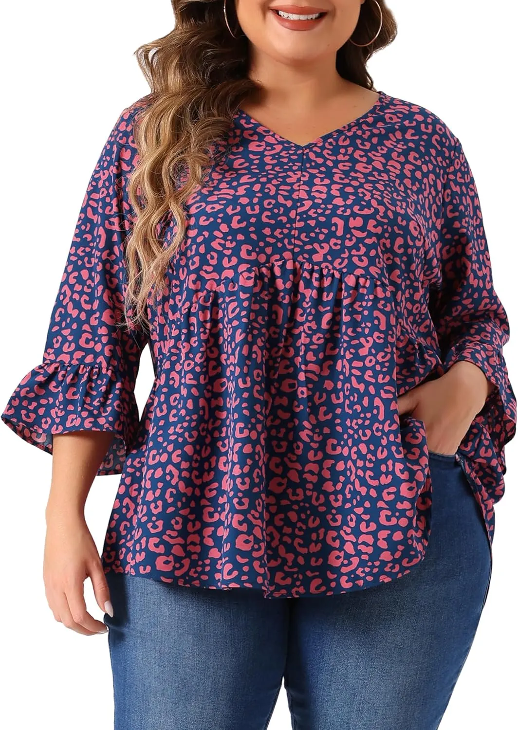 Agnes Orinda Plus Size Polka Dots Blouses for Women V Neck 3/4 Ruffle Sleeve Peplum Tops