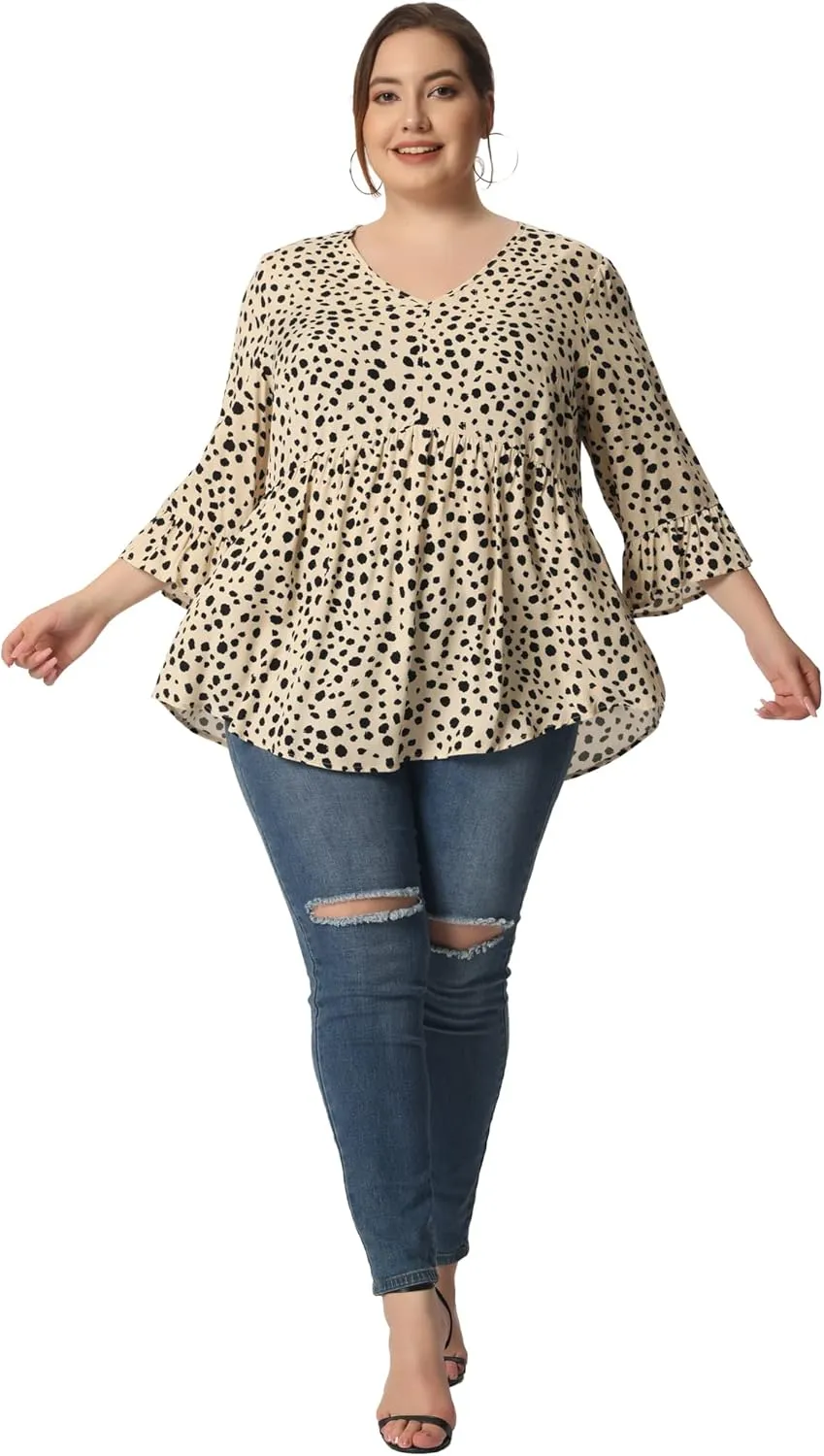 Agnes Orinda Plus Size Polka Dots Blouses for Women V Neck 3/4 Ruffle Sleeve Peplum Tops