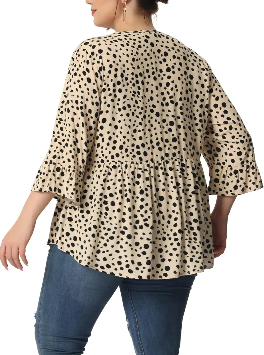 Agnes Orinda Plus Size Polka Dots Blouses for Women V Neck 3/4 Ruffle Sleeve Peplum Tops