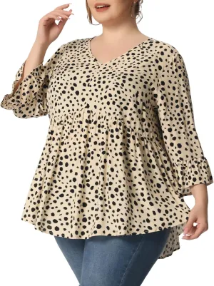 Agnes Orinda Plus Size Polka Dots Blouses for Women V Neck 3/4 Ruffle Sleeve Peplum Tops