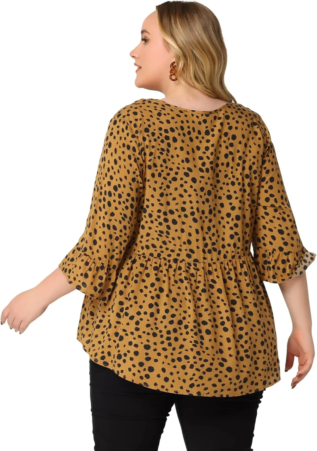 Agnes Orinda Plus Size Polka Dots Blouses for Women V Neck 3/4 Ruffle Sleeve Peplum Tops