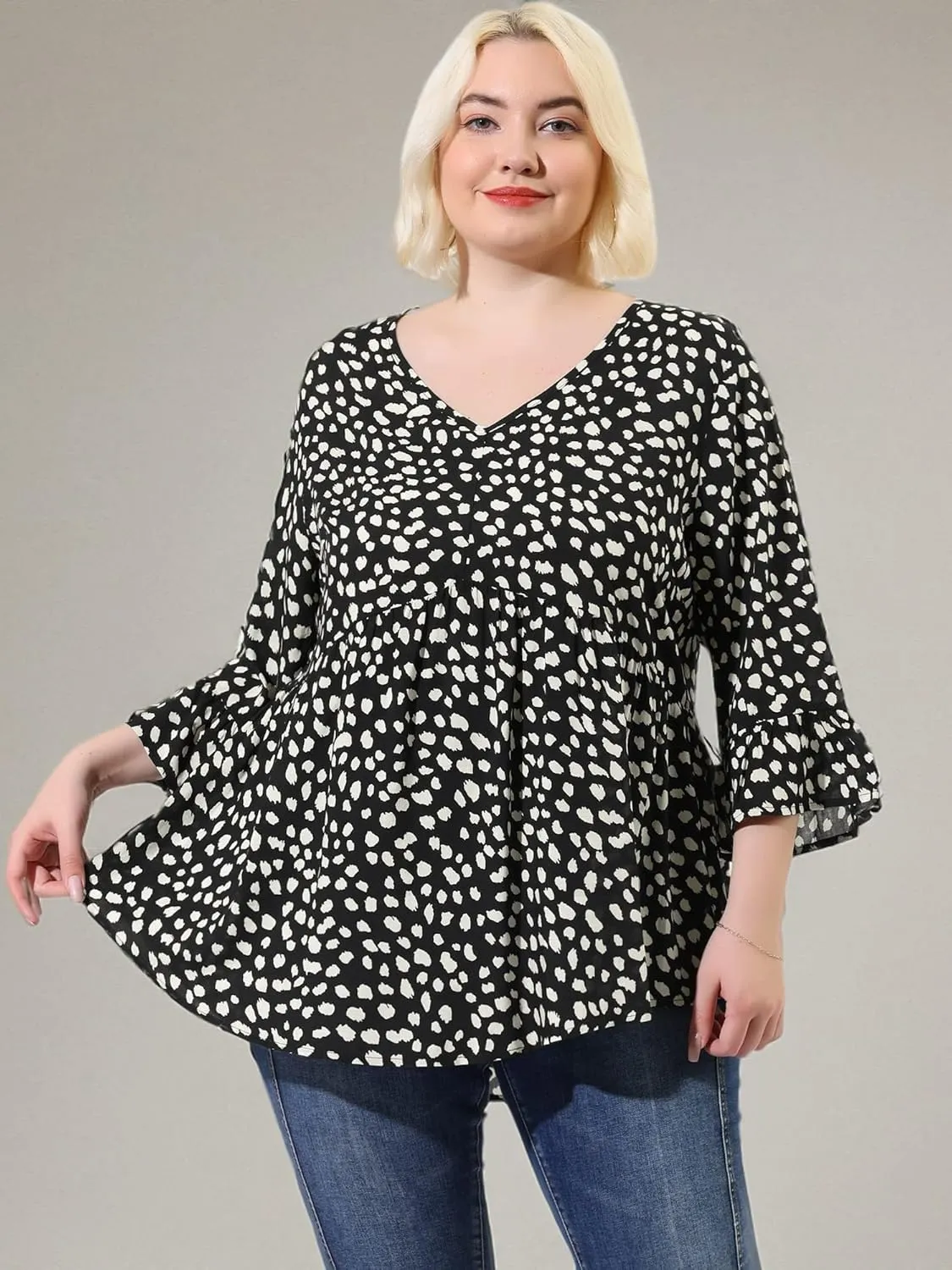 Agnes Orinda Plus Size Polka Dots Blouses for Women V Neck 3/4 Ruffle Sleeve Peplum Tops