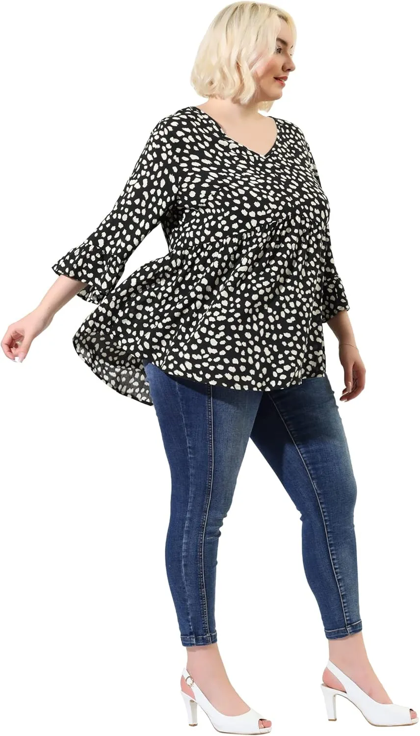 Agnes Orinda Plus Size Polka Dots Blouses for Women V Neck 3/4 Ruffle Sleeve Peplum Tops