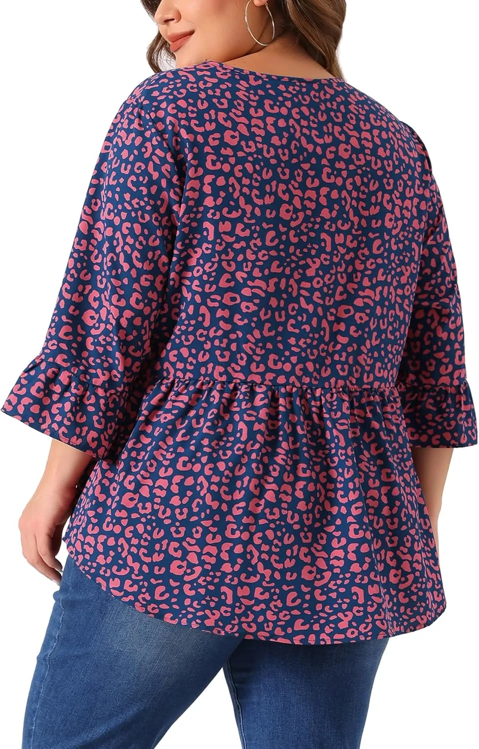 Agnes Orinda Plus Size Polka Dots Blouses for Women V Neck 3/4 Ruffle Sleeve Peplum Tops