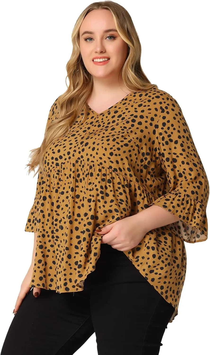 Agnes Orinda Plus Size Polka Dots Blouses for Women V Neck 3/4 Ruffle Sleeve Peplum Tops