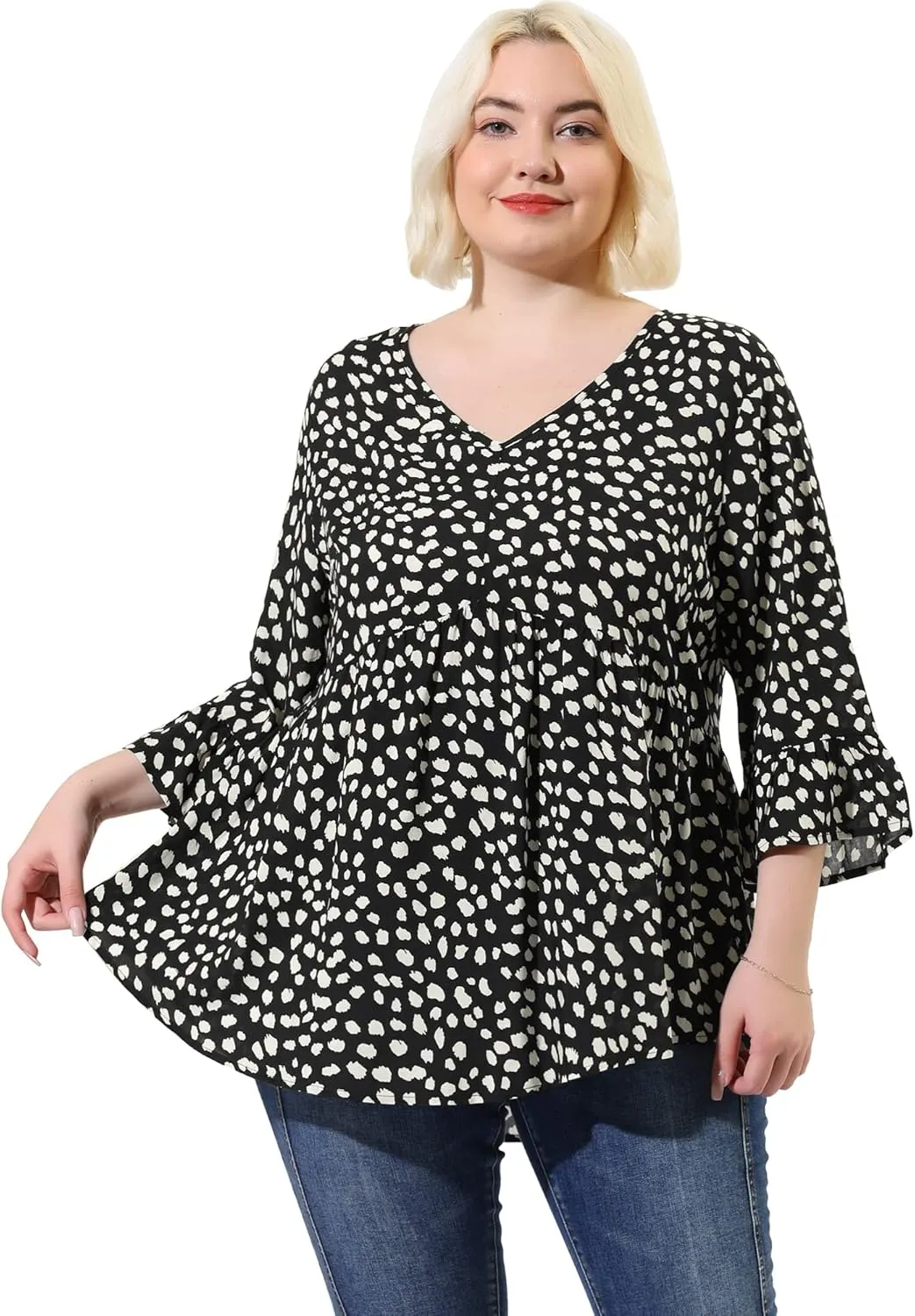 Agnes Orinda Plus Size Polka Dots Blouses for Women V Neck 3/4 Ruffle Sleeve Peplum Tops