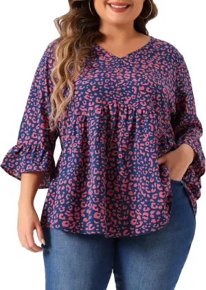Agnes Orinda Plus Size Polka Dots Blouses for Women V Neck 3/4 Ruffle Sleeve Peplum Tops