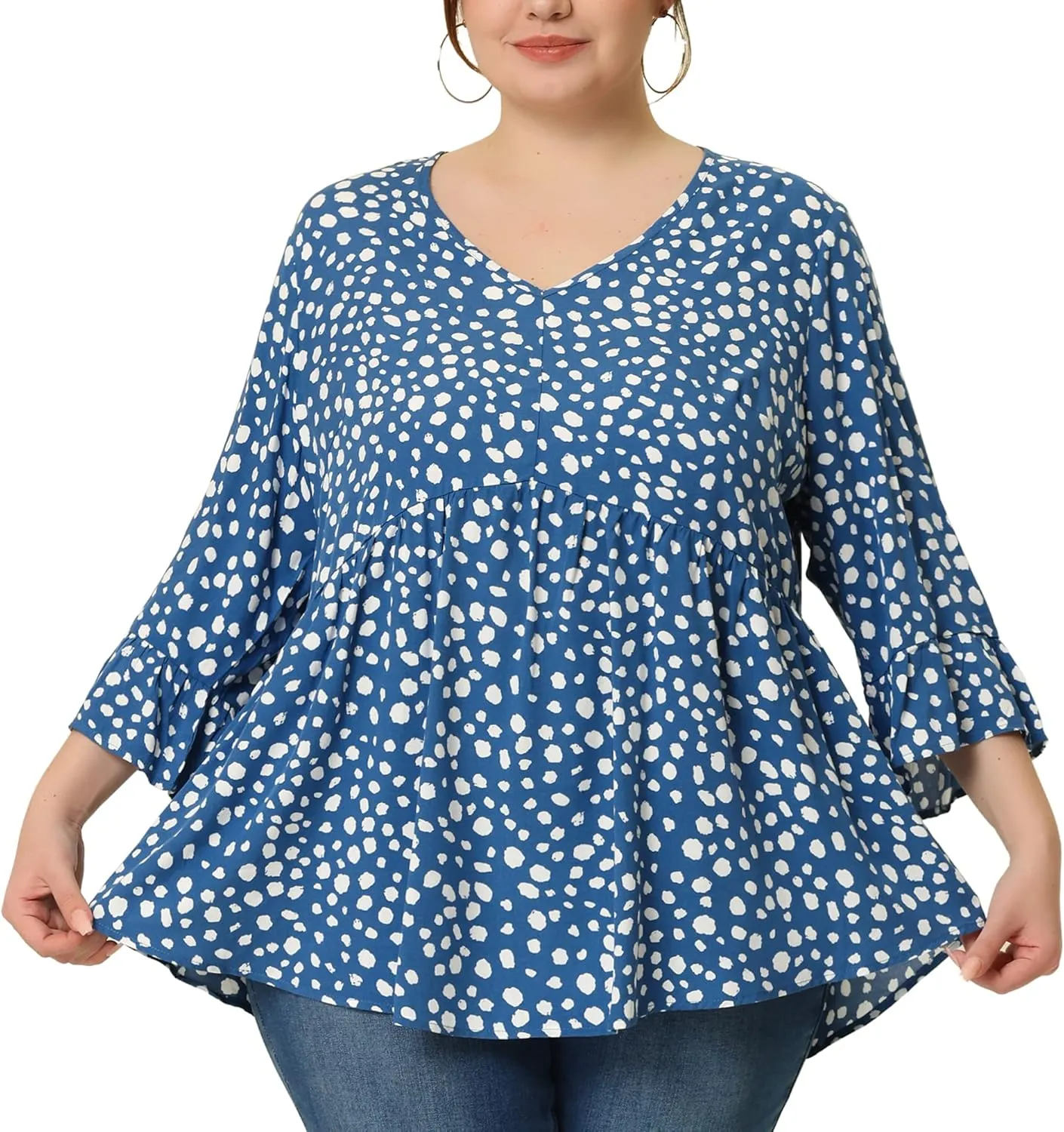Agnes Orinda Plus Size Polka Dots Blouses for Women V Neck 3/4 Ruffle Sleeve Peplum Tops