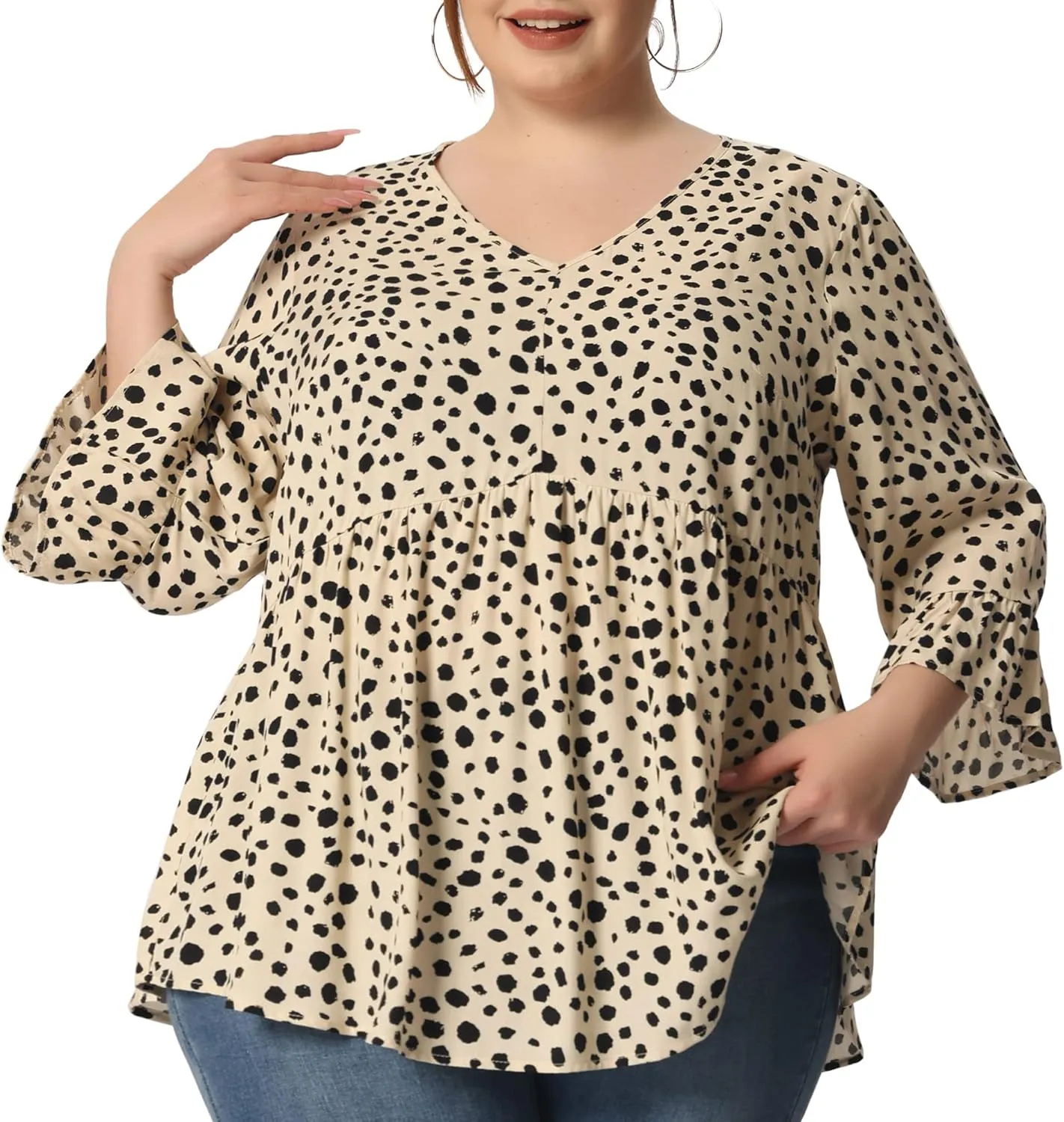 Agnes Orinda Plus Size Polka Dots Blouses for Women V Neck 3/4 Ruffle Sleeve Peplum Tops