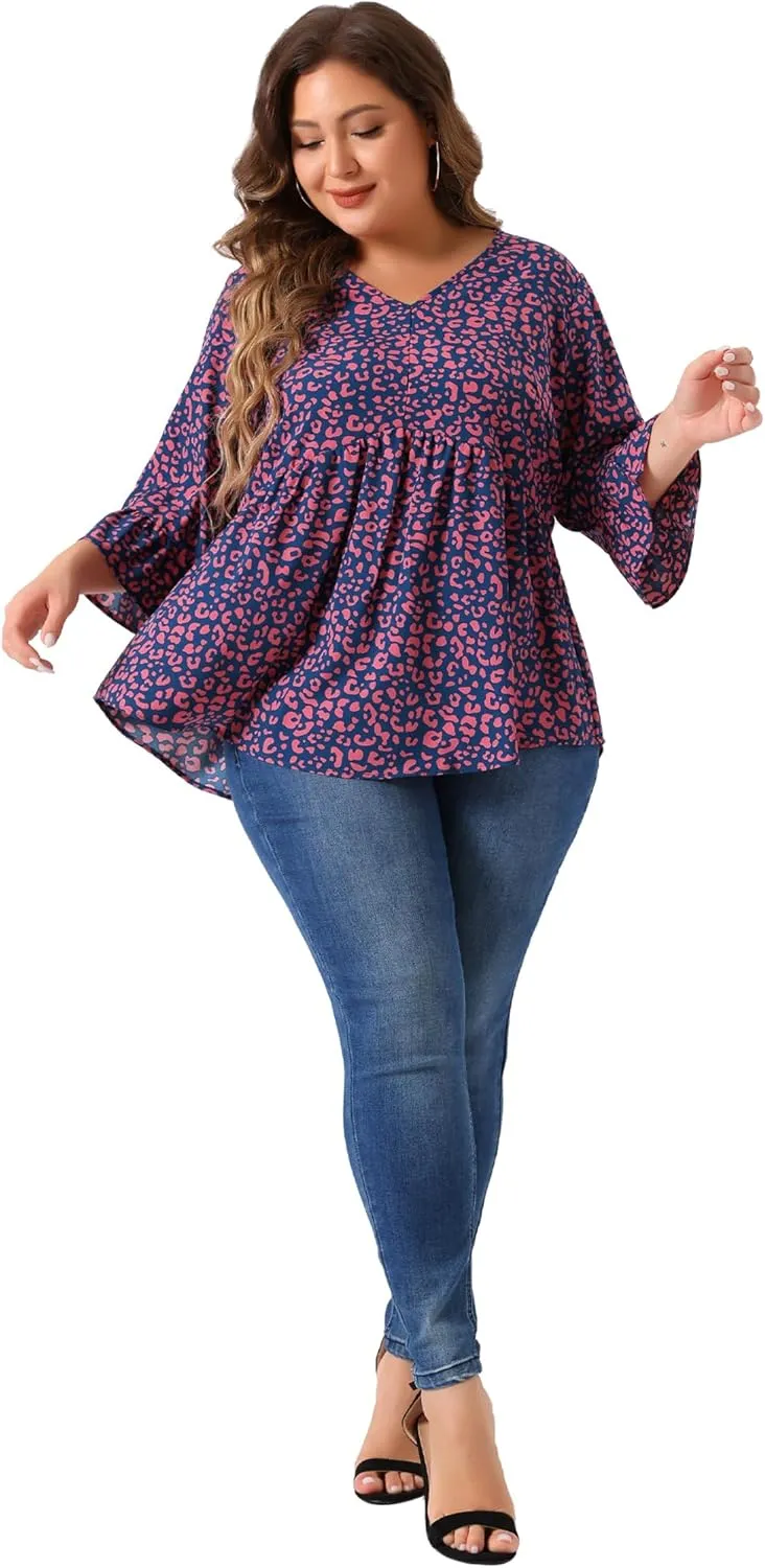 Agnes Orinda Plus Size Polka Dots Blouses for Women V Neck 3/4 Ruffle Sleeve Peplum Tops