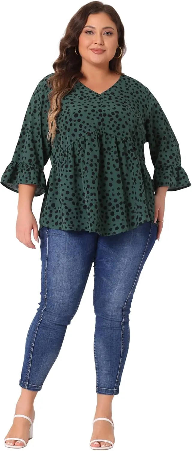 Agnes Orinda Plus Size Polka Dots Blouses for Women V Neck 3/4 Ruffle Sleeve Peplum Tops