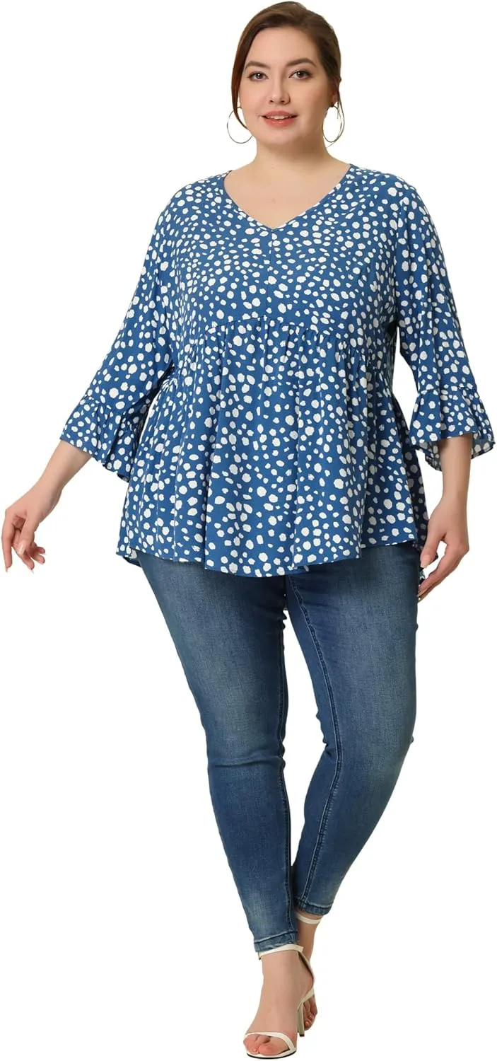 Agnes Orinda Plus Size Polka Dots Blouses for Women V Neck 3/4 Ruffle Sleeve Peplum Tops
