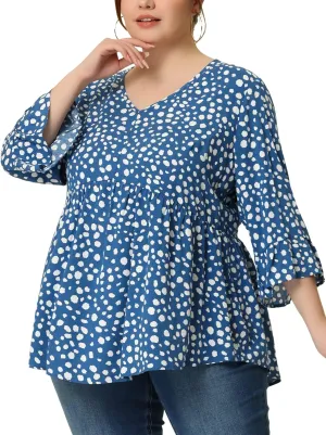 Agnes Orinda Plus Size Polka Dots Blouses for Women V Neck 3/4 Ruffle Sleeve Peplum Tops