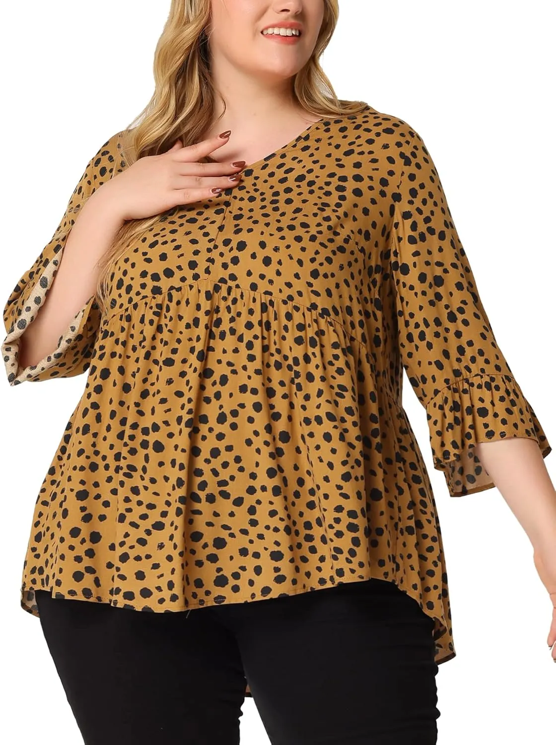 Agnes Orinda Plus Size Polka Dots Blouses for Women V Neck 3/4 Ruffle Sleeve Peplum Tops