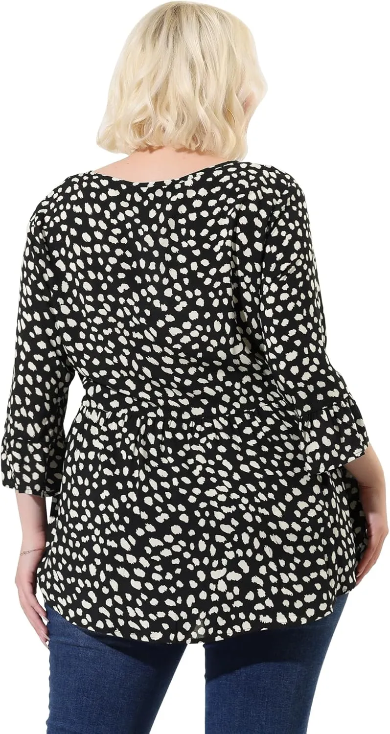 Agnes Orinda Plus Size Polka Dots Blouses for Women V Neck 3/4 Ruffle Sleeve Peplum Tops