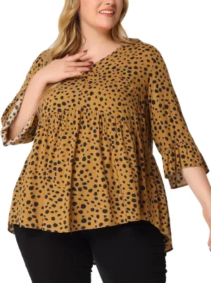 Agnes Orinda Plus Size Polka Dots Blouses for Women V Neck 3/4 Ruffle Sleeve Peplum Tops