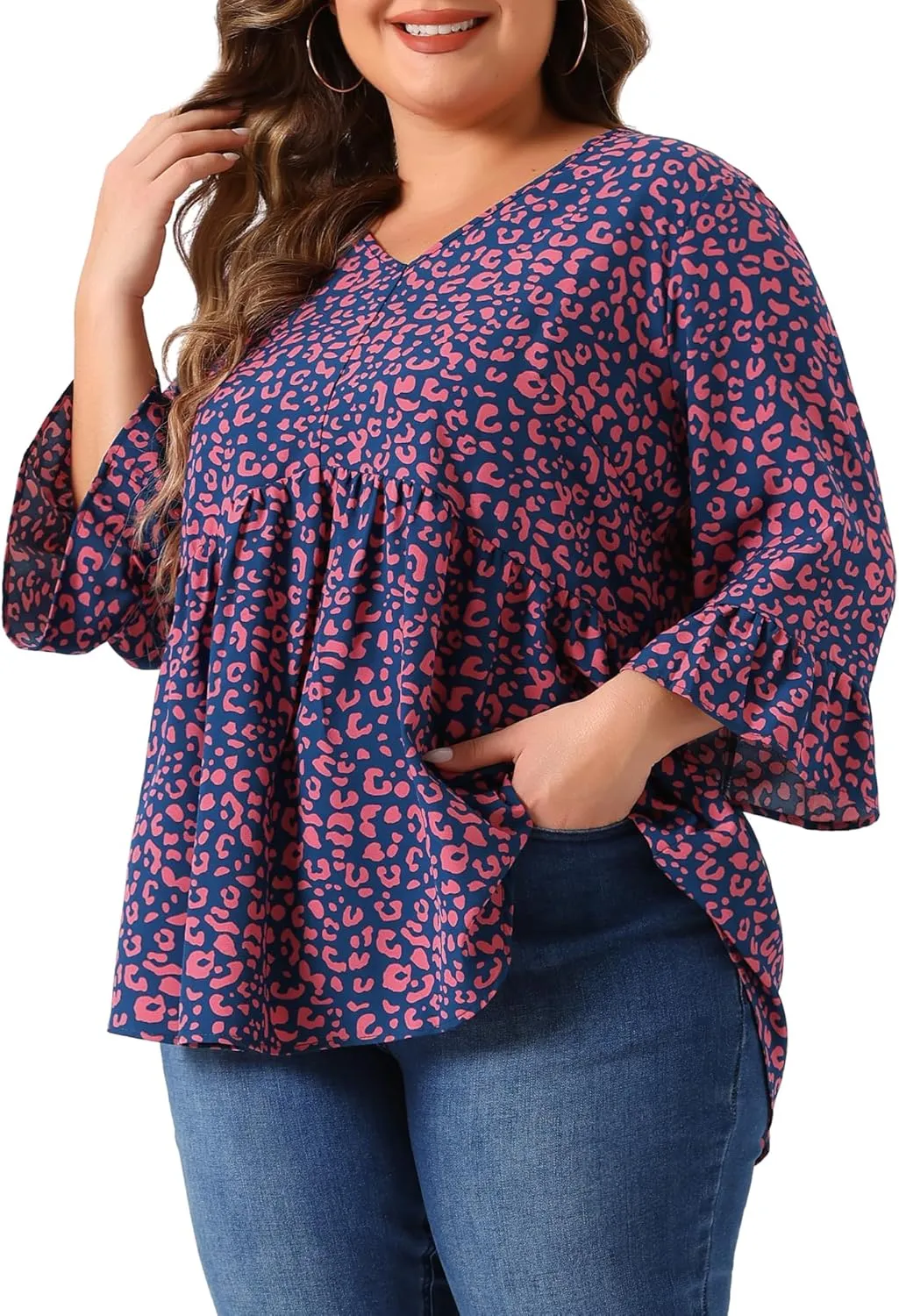 Agnes Orinda Plus Size Polka Dots Blouses for Women V Neck 3/4 Ruffle Sleeve Peplum Tops