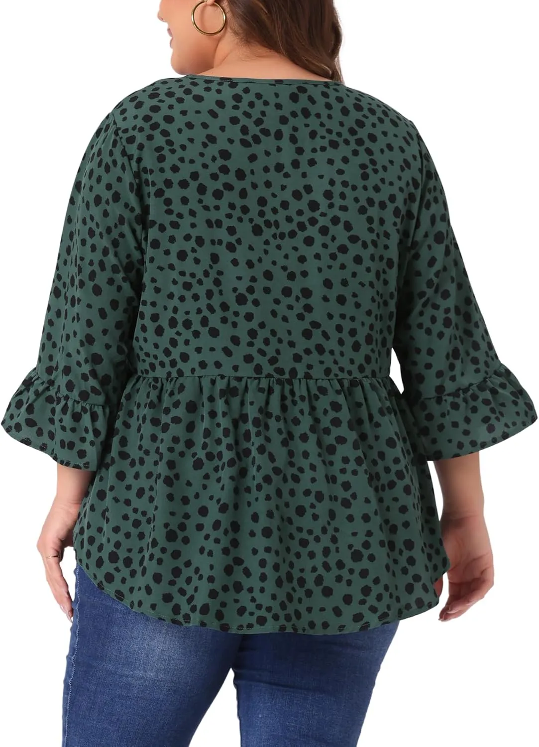 Agnes Orinda Plus Size Polka Dots Blouses for Women V Neck 3/4 Ruffle Sleeve Peplum Tops