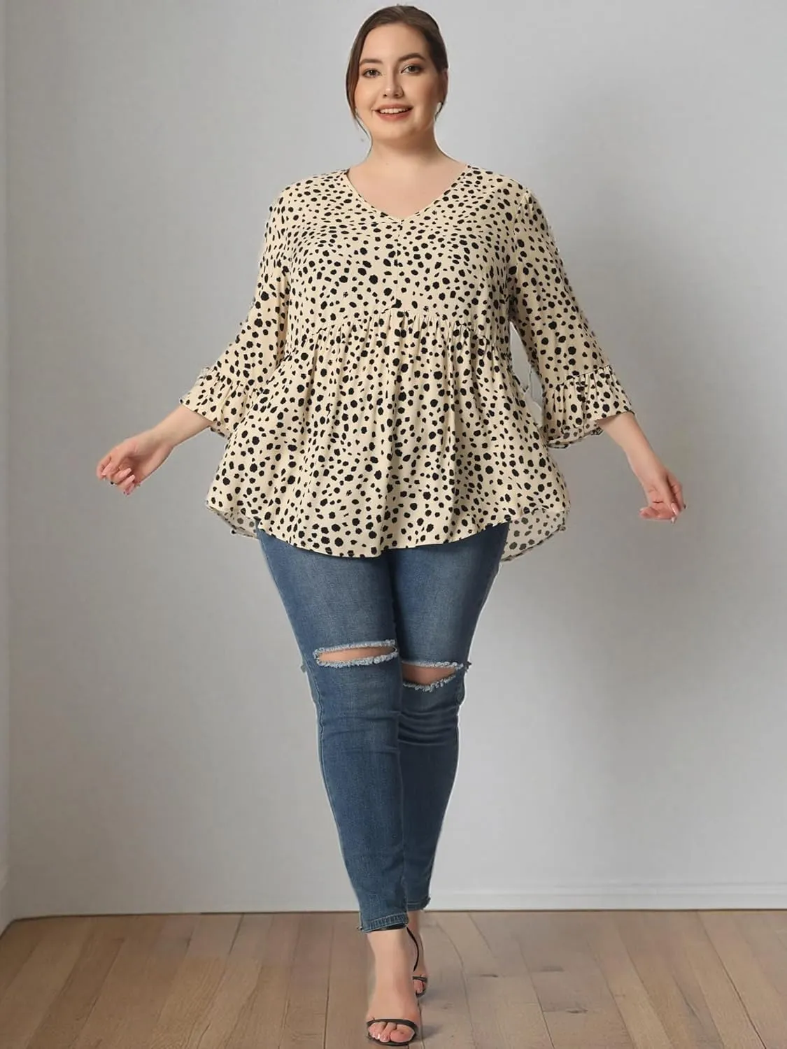 Agnes Orinda Plus Size Polka Dots Blouses for Women V Neck 3/4 Ruffle Sleeve Peplum Tops
