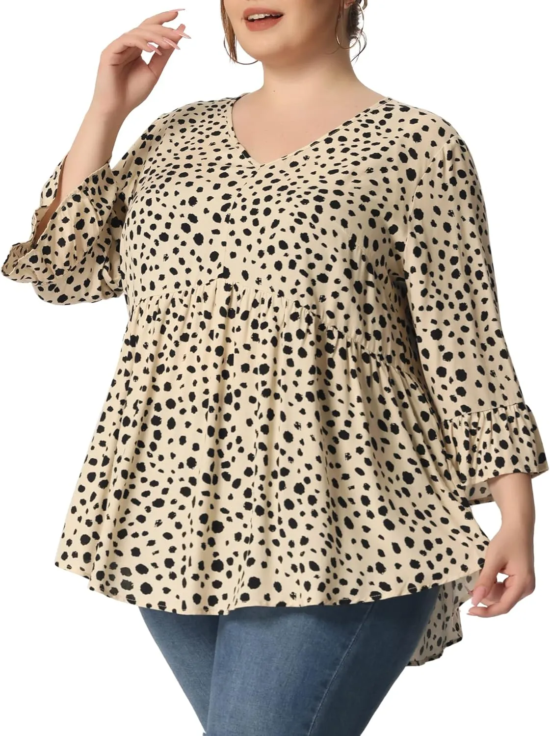 Agnes Orinda Plus Size Polka Dots Blouses for Women V Neck 3/4 Ruffle Sleeve Peplum Tops