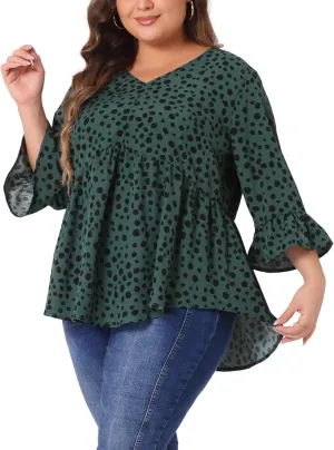 Agnes Orinda Plus Size Polka Dots Blouses for Women V Neck 3/4 Ruffle Sleeve Peplum Tops