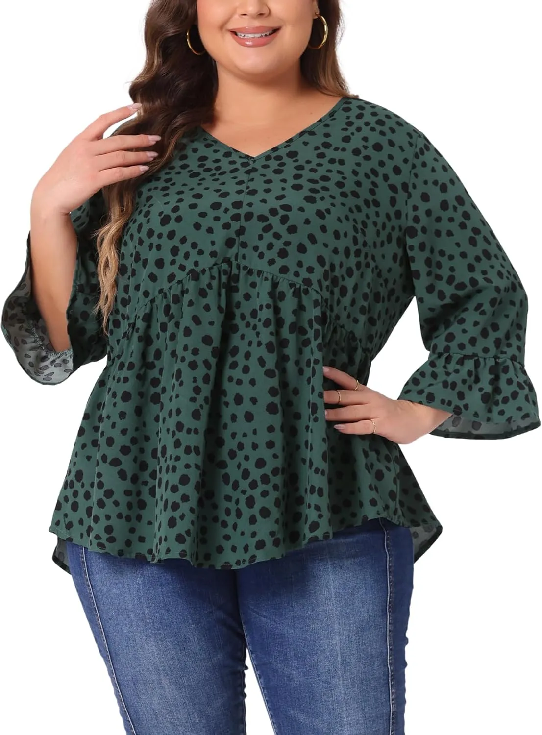 Agnes Orinda Plus Size Polka Dots Blouses for Women V Neck 3/4 Ruffle Sleeve Peplum Tops